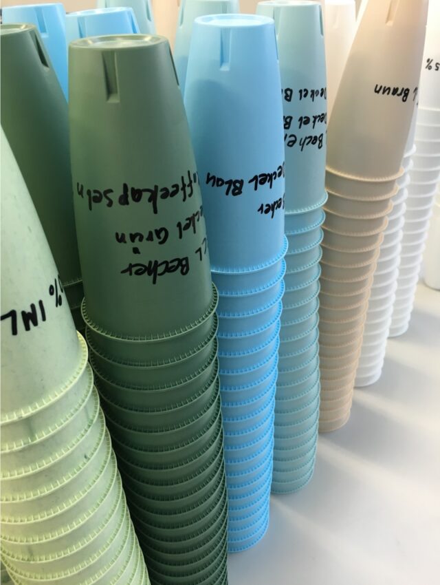 Aus Rezyklat hergestellte PP-Becher.